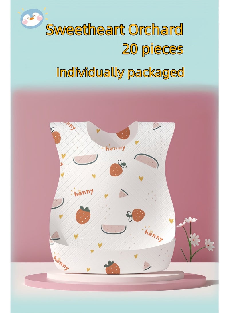 20 individually packaged Sweetheart Orchard disposable bibs, washable, suitable for babies 3 months and older. The 24x34 cm wide opening effectively prevents leaks, and the adjustable noise design provides double protection. - Image 2